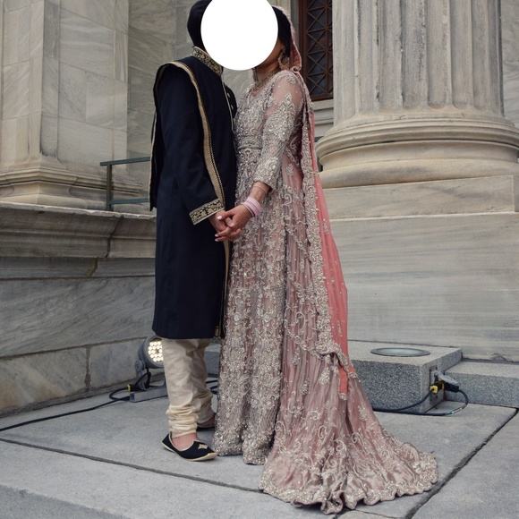 Indian Pakistani Bridal Wedding Long Gown Dress in Light Pink and Peach Pink - Picture 9 of 10